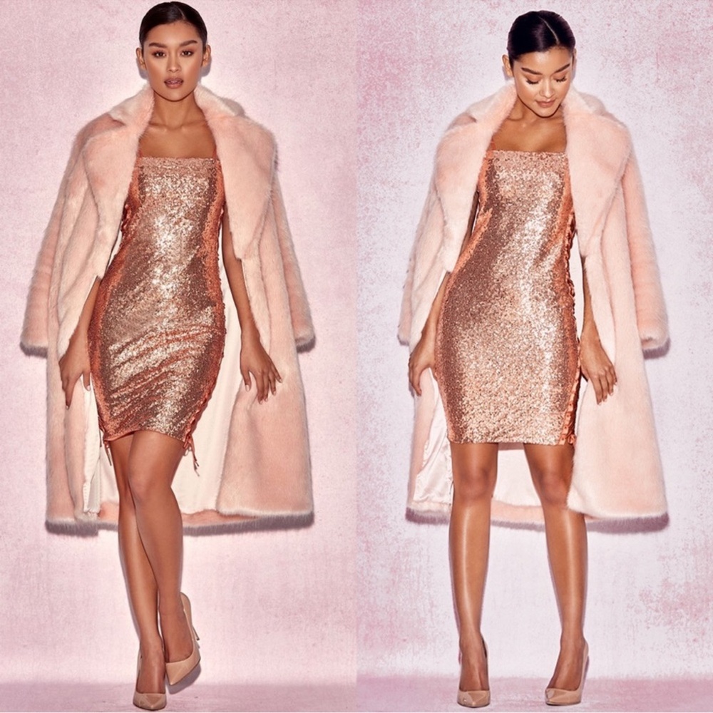 House of CB Rose Gold Sequin Lace Up Mini Dress